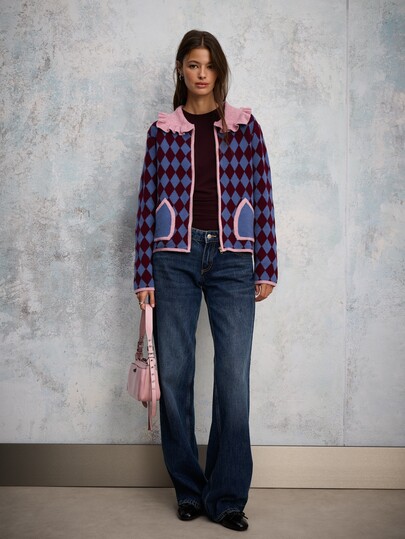 Nöista Diamond Pattern Knit Cardigan With Zip Front, Ruffled Collar And Contrast Patch Pockets. A Playful Feminine Piece With Charming Autumn Appeal.