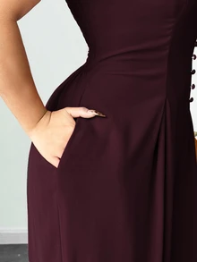 Elenzga Plus Size Women's Elegant Dignified Spring/Summer Jumpsuit With Button Straps, Pleated Waist, Wide Leg, Extra Long - Burgundy - View 5