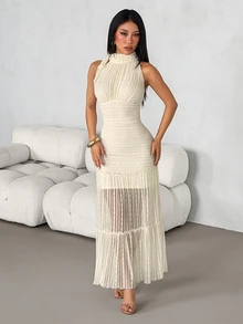 SHEIN PETITE Romantic Textured Fabric Bowknot Long Dress - Apricot - View 3
