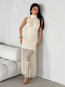 SHEIN PETITE Romantic Textured Fabric Bowknot Long Dress - Apricot - View 5