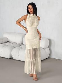 SHEIN PETITE Romantic Textured Fabric Bowknot Long Dress - Apricot - View 8