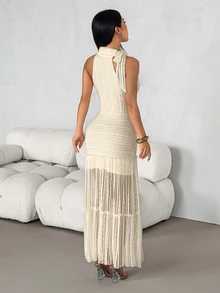 SHEIN PETITE Romantic Textured Fabric Bowknot Long Dress - Apricot - View 2