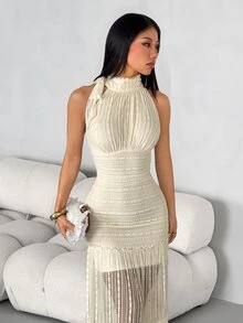 SHEIN PETITE Romantic Textured Fabric Bowknot Long Dress - Apricot - View 7