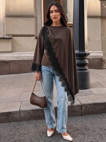 Selianne Blusa elegante de mujer con capa de encaje y patchwork, talla estándar, para uso diario y desplazamientos - Marrón - Ver 5