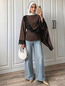 Selianne Blusa elegante de mujer con capa de encaje y patchwork, talla estándar, para uso diario y desplazamientos - Marrón - Ver 3