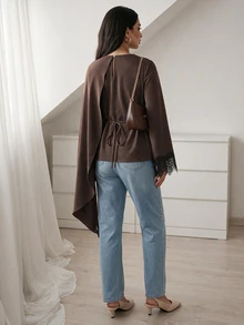 Selianne Blusa elegante de mujer con capa de encaje y patchwork, talla estándar, para uso diario y desplazamientos - Marrón - Ver 2