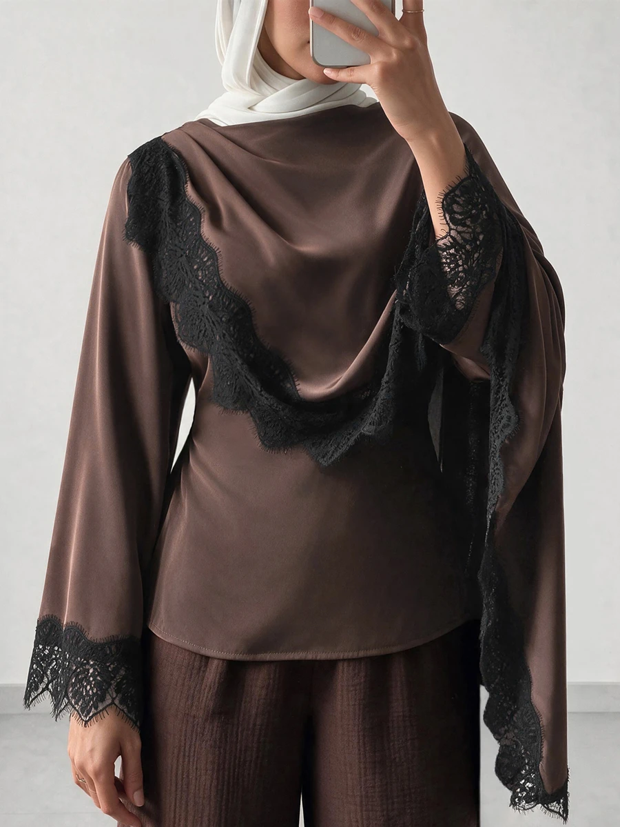 Selianne Blusa elegante de mujer con capa de encaje y patchwork, talla estándar, para uso diario y desplazamientos - Marrón - Ver 1
