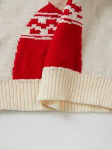 SHEIN Franclia Cute Reindeer Pattern Round Neck Knit Sweater, Cream Casual Long Sleeve Holiday Knit Top - Apricot - View 5