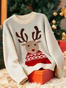 SHEIN Franclia Cute Reindeer Pattern Round Neck Knit Sweater, Cream Casual Long Sleeve Holiday Knit Top - Apricot - View 1