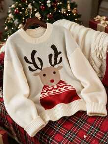 SHEIN Franclia Cute Reindeer Pattern Round Neck Knit Sweater, Cream Casual Long Sleeve Holiday Knit Top - Apricot - View 3