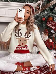 SHEIN Franclia Cute Reindeer Pattern Round Neck Knit Sweater, Cream Casual Long Sleeve Holiday Knit Top - Apricot - View 8