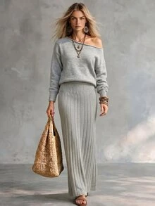 SHEIN Women's Asymmetrical Shoulder Slouchy Long Sleeve Sweater Set, Casual Knitted Autumn/Winter 2 Pieces Set, Light Gray Loose Fashionable Versatile Ribbed Skirt And Sweater 2 Pieces Set - Grey - View 1