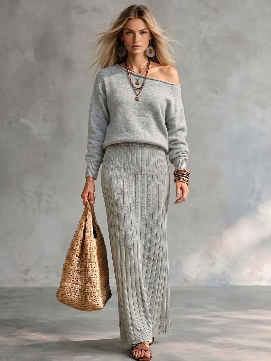 SHEIN Women's Asymmetrical Shoulder Slouchy Long Sleeve Sweater Set, Casual Knitted Autumn/Winter 2 Pieces Set, Light Gray Loose Fashionable Versatile Ribbed Skirt And Sweater 2 Pieces Set - Grey - View 1