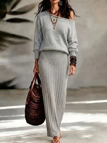 SHEIN Women's Asymmetrical Shoulder Slouchy Long Sleeve Sweater Set, Casual Knitted Autumn/Winter 2 Pieces Set, Light Gray Loose Fashionable Versatile Ribbed Skirt And Sweater 2 Pieces Set - Grey - View 2