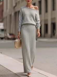 SHEIN Women's Asymmetrical Shoulder Slouchy Long Sleeve Sweater Set, Casual Knitted Autumn/Winter 2 Pieces Set, Light Gray Loose Fashionable Versatile Ribbed Skirt And Sweater 2 Pieces Set - Grey - View 3