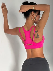 StreetHx Seamless Knit Women's Sports Bra Gym Activewear Hot Pink Fall Sporty Modest - Hot Pink - View 3