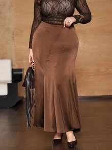 Roveilla Plus High Waist Mermaid Hem Skirt - Brown - View 6