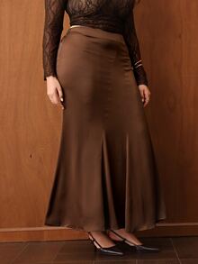 Roveilla Plus High Waist Mermaid Hem Skirt - Brown - View 4