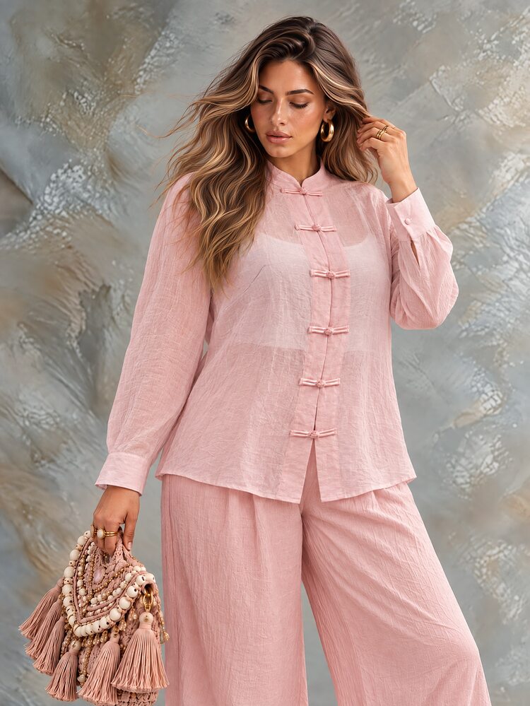 Ceyna Women's Plus Size Fall Stand Collar Frog Button Waist-Cinching Long Sleeve Casual Elegant Blouse For Date Brunch Formal, Party And Commute Dusty Blue - Pink - View 4