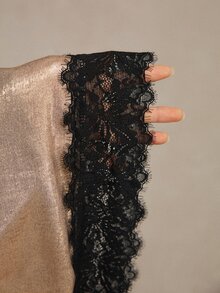 Freevana 女款大尺碼金色細肩帶背心，黑色蕾絲飾邊，優雅派對與外出穿搭，秋冬/初秋女裝 - 金色 - 查看 8