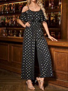 SHEIN Clasi Women's Spring/Summer Elegant Romantic Vacation New Year Spaghetti Strap Jumpsuit Night Party Cocktail Black Polka Dot - Black - View 8
