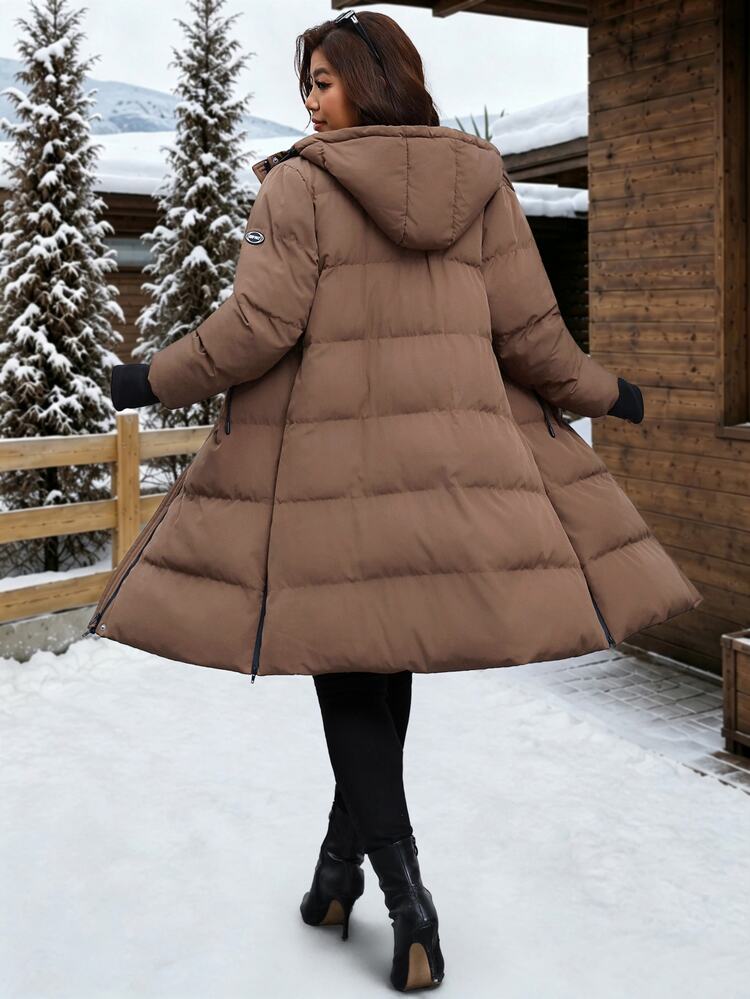 Reflora Plus Size Mid-Length Side Slit Hooded Winter Coat - Brown - View 2