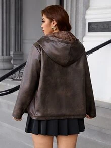 SHEIN Clasi 大尺碼女款保暖內裡時尚百搭日常休閒街頭風寬鬆夾克外套 冬季辦公居家外出穿著 棕色斑點 - 棕色 - 查看 2