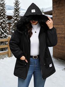 SHEIN Clasi Plus Size Faux Rabbit Fur Lined Parka Hooded Jacket With Long Sleeves Holiday Going Out Homewear Black Winter Casual Capsule Baggy - Black - View 5