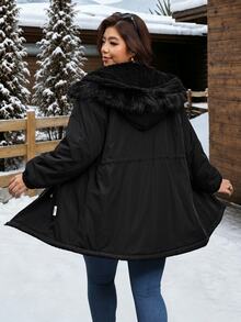 SHEIN Clasi Plus Size Faux Rabbit Fur Lined Parka Hooded Jacket With Long Sleeves Holiday Going Out Homewear Black Winter Casual Capsule Baggy - Black - View 6
