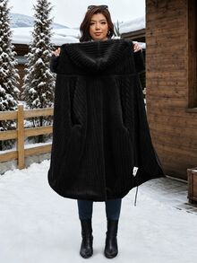 SHEIN Clasi Plus Size Faux Rabbit Fur Lined Parka Hooded Jacket With Long Sleeves Holiday Going Out Homewear Black Winter Casual Capsule Baggy - Black - View 9
