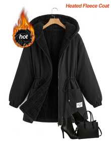 SHEIN Clasi Plus Size Faux Rabbit Fur Lined Parka Hooded Jacket With Long Sleeves Holiday Going Out Homewear Black Winter Casual Capsule Baggy - Black - View 4