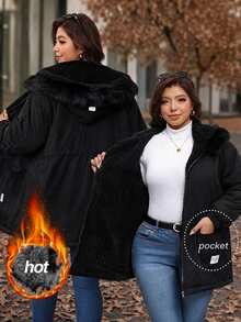 SHEIN Clasi Plus Size Faux Rabbit Fur Lined Parka Hooded Jacket With Long Sleeves Holiday Going Out Homewear Black Winter Casual Capsule Baggy - Black - View 3