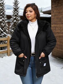 SHEIN Clasi Plus Size Faux Rabbit Fur Lined Parka Hooded Jacket With Long Sleeves Holiday Going Out Homewear Black Winter Casual Capsule Baggy - Black - View 12