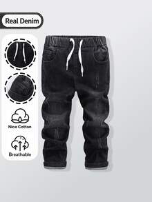 SHEIN Genkimix Kids Young Boy Drawstring Waist Washed Ripped Jeans - Black - View 3