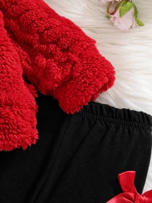 SHEIN 新生女嬰 2件組可愛純色蝴蝶結裝飾毛絨連帽長袖套裝，冬季穿著，寬鬆版型，毛茸茸，百搭 - 紅色 - 查看 6