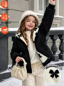 Young Girls Hooded Winter Coats, Long Sleeve Top, Fall, Autumn, Winter Plush Is Worn On Both Sides Bow Print Fleece And Thickened - Black - View 5