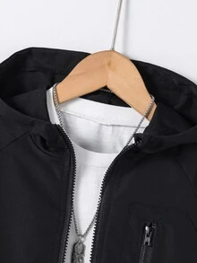 SHEIN 1件青少年休閒極簡風貼袋連帽夾克，寬鬆舒適外套，適合秋季日常穿著、旅行、派對與攝影，白色 - 黑色 - 查看 5