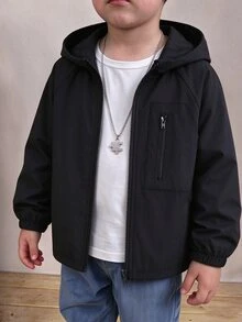 SHEIN 1件青少年休閒極簡風貼袋連帽夾克，寬鬆舒適外套，適合秋季日常穿著、旅行、派對與攝影，白色 - 黑色 - 查看 1