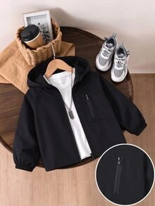 SHEIN 1件青少年休閒極簡風貼袋連帽夾克，寬鬆舒適外套，適合秋季日常穿著、旅行、派對與攝影，白色 - 黑色 - 查看 3