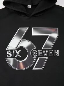 SHEIN 2件組男童黑色運動衫與長褲套裝，圖案印花，帥氣街頭風休閒服，適合秋季、學校與外出穿著 - 黑色 - 查看 5