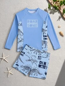 SHEIN 大码男童恐龙印花长袖泳衣套装，适合海滩、度假、玩耍和夏季穿着 - 藍色 - 查看 4