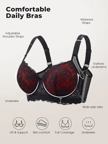 DesireSculpt Sexy Lace Plus Size Comfortable Seamless Push-Up Adjustable Underwire Bra, 1pc - Multicolor - View 3