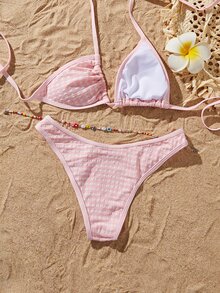 Swim Mod 2pcs/Set Summer New Pink Classic Plaid Sexy Backless Fashion Women Bikini Set - Pink - View 5