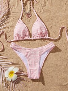 Swim Mod 2pcs/Set Summer New Pink Classic Plaid Sexy Backless Fashion Women Bikini Set - Pink - View 4