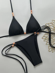 Swim Mod Women's Spring/Summer New Solid Color Beaded Trim Triangle Cup Rope Bikini Swimsuit 2 Pieces Set For Beach Vacation - Black - View 6