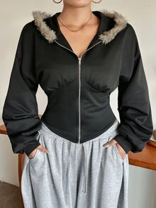 Livesso Streetwear Slim Fit Hooded Sweatshirt With Patchwork Fur Collar Design Sexy Top Hoodies Fall - Black - View 5