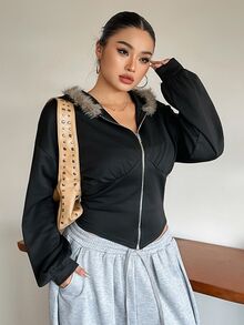 Livesso Streetwear Slim Fit Hooded Sweatshirt With Patchwork Fur Collar Design Sexy Top Hoodies Fall - Black - View 3