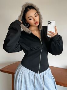 Livesso Streetwear Slim Fit Hooded Sweatshirt With Patchwork Fur Collar Design Sexy Top Hoodies Fall - Black - View 4