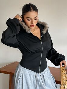 Livesso Streetwear Slim Fit Hooded Sweatshirt With Patchwork Fur Collar Design Sexy Top Hoodies Fall - Black - View 1