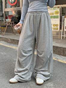 Dazy Plus Solid Color Loose Pleated Elastic Waist Drawstring Casual Loose Fit Streetwear Sports Vacation Spring Autumn Long Sweatpants Going Out Grey - Grey - View 6